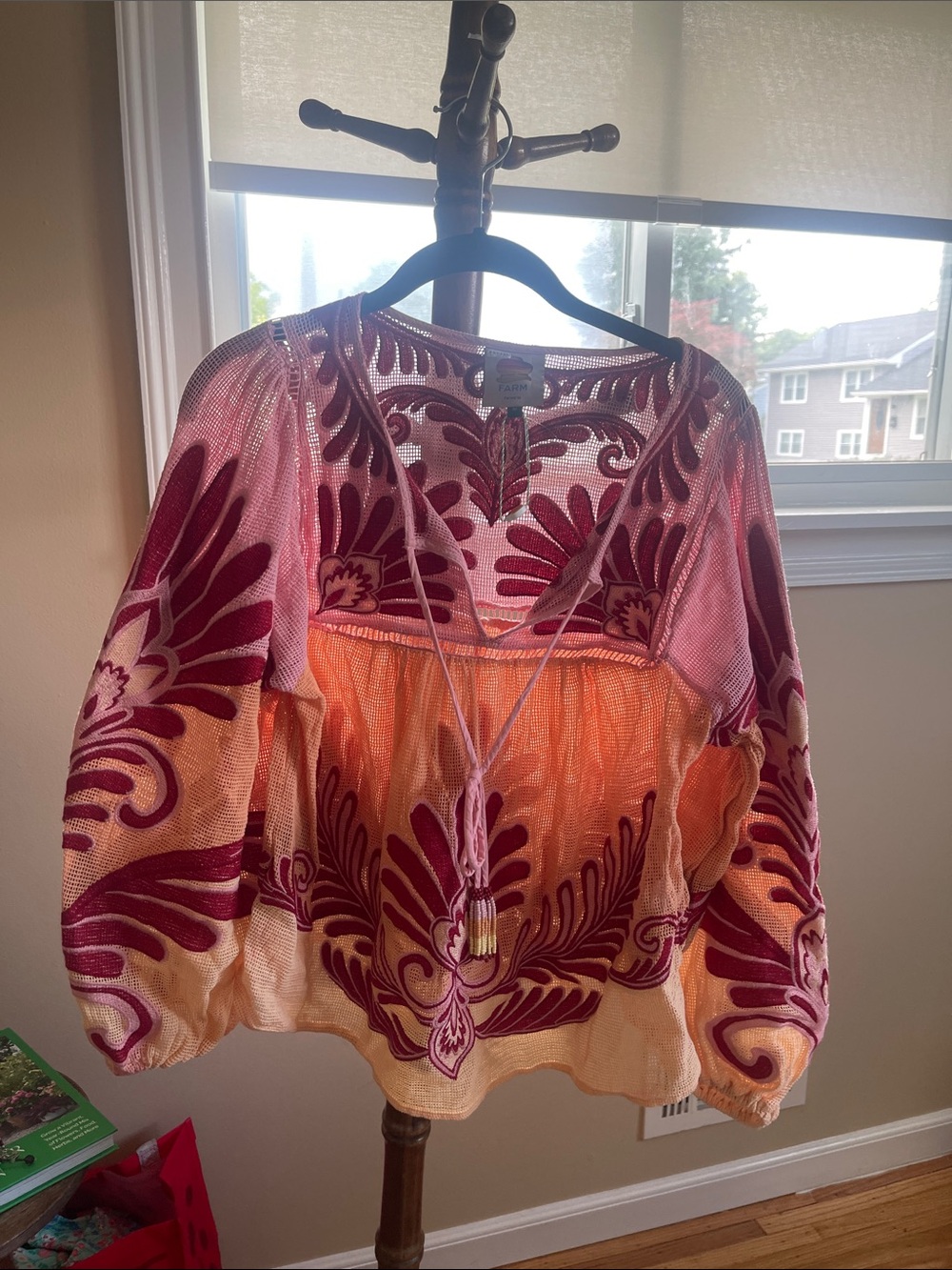 FARM Rio Pink and Orange Embroidered Tie-Front Boho Tunic